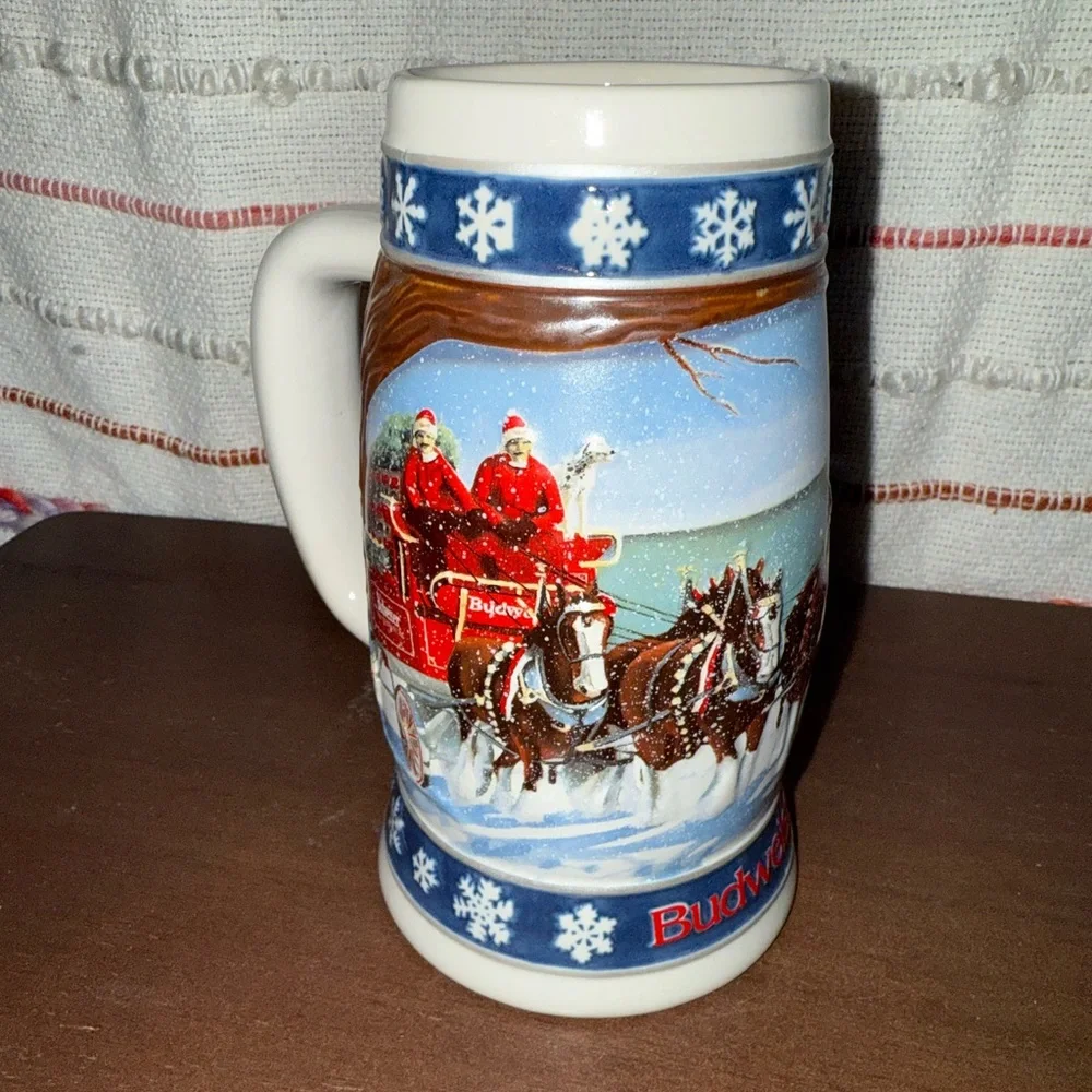 Vintage‎ Budweiser 1995 Holiday Stein with Festive Red and Blue Design